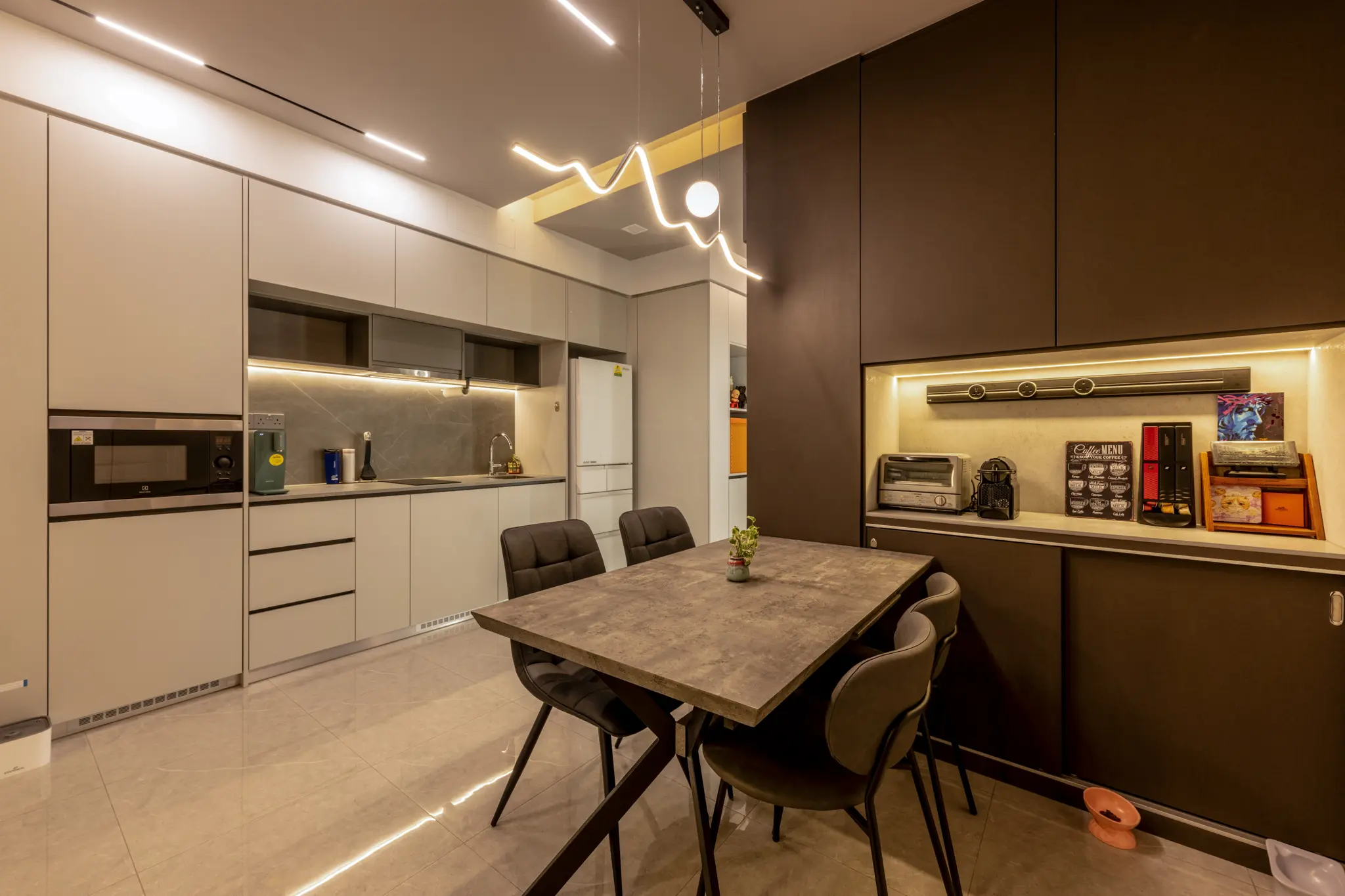 Modern dining space with pendant lights