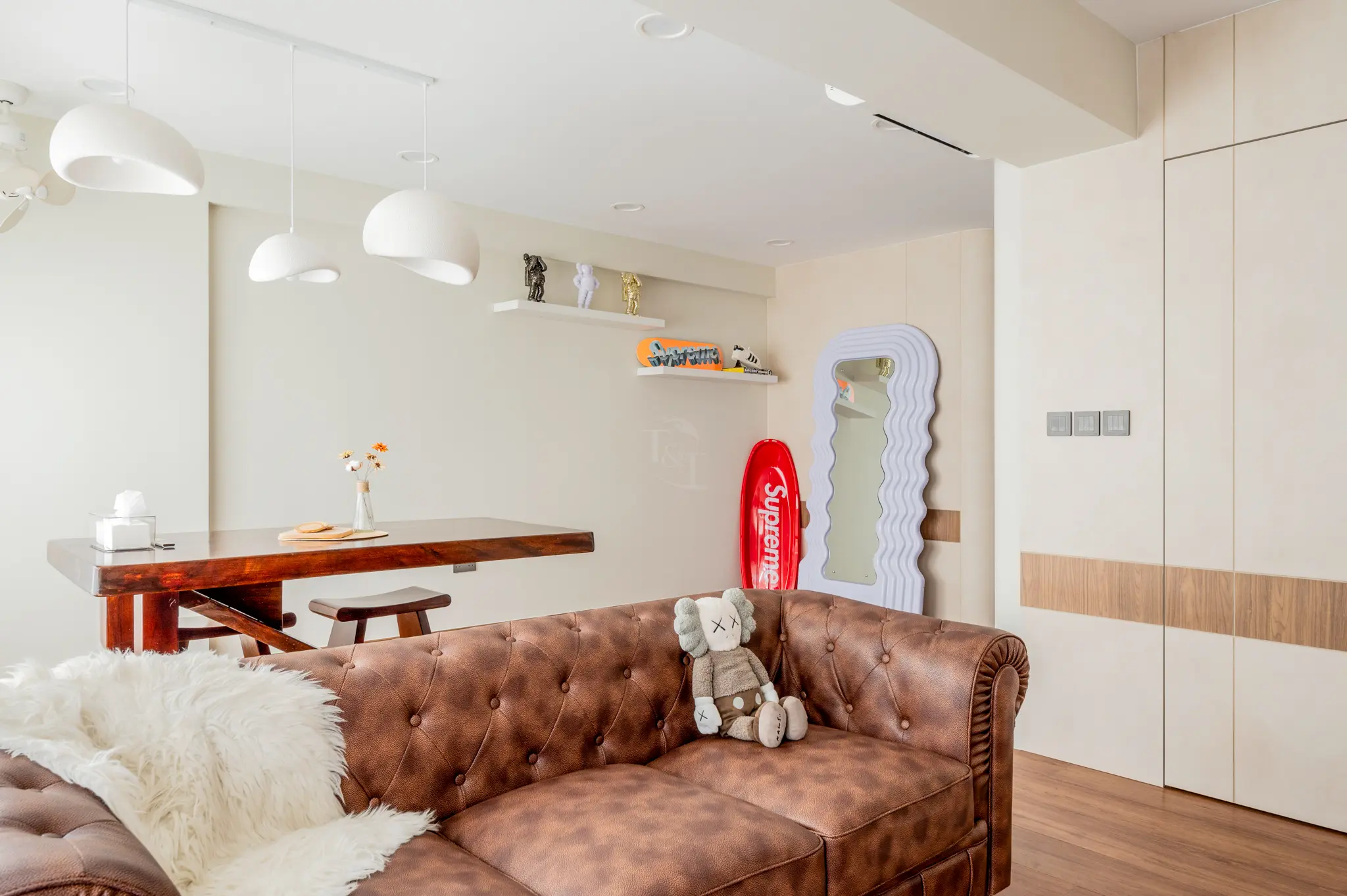 Living room with brown sofa