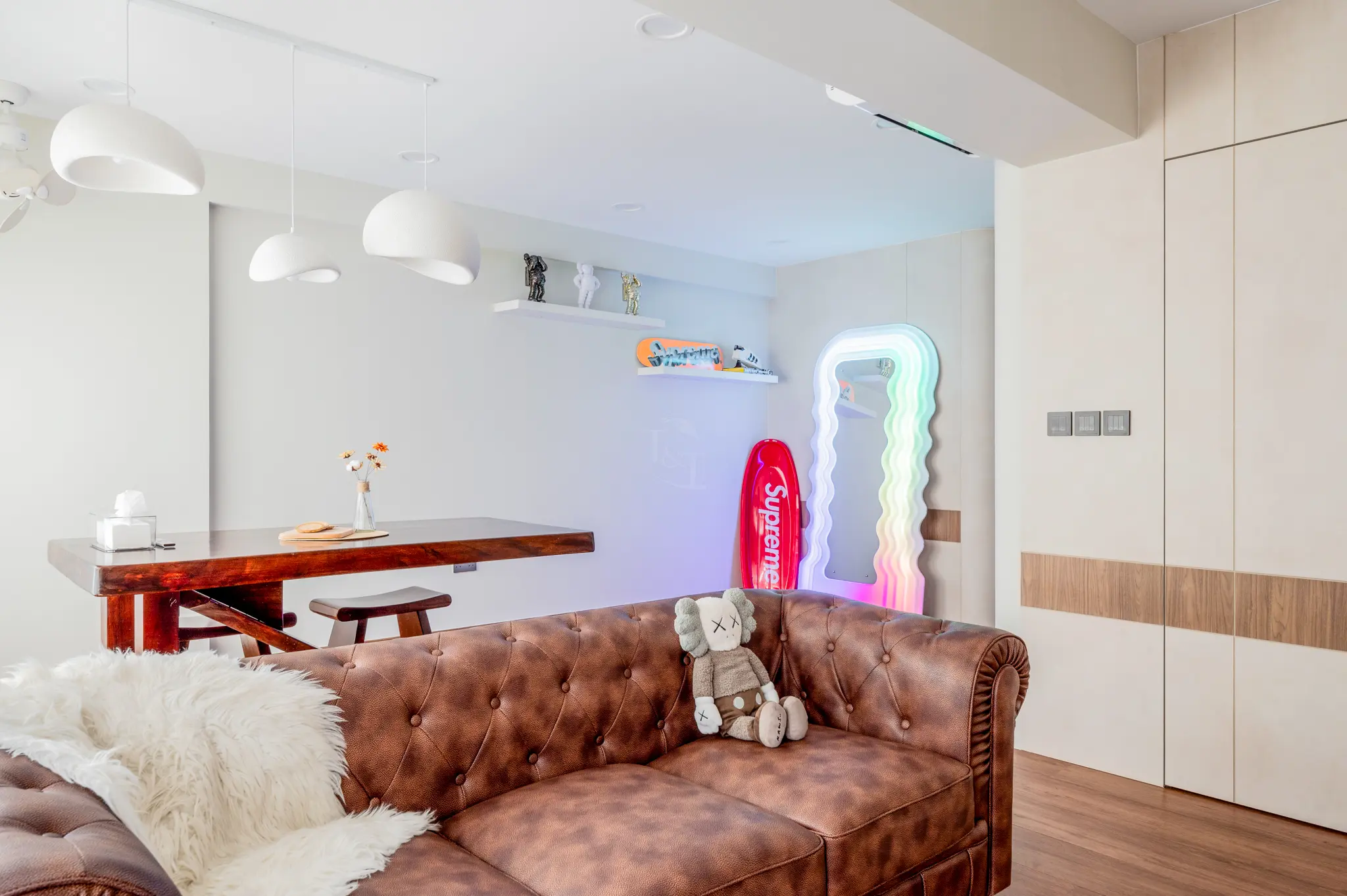 Cozy living room with brown sofa