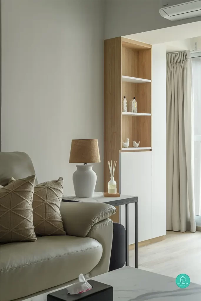 Modern living room interior with wooden shelving and soft lighting